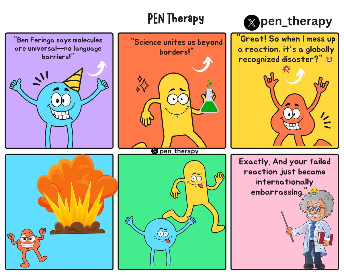 pen_therapy's tweet photo. 🔹 Ben Feringa – Built the world’s tiniest car. Meanwhile, Electron still crashes beakers. 🚗💨

Check out the  comics below! 👇

Follow @pen_therapy for more science, humor, and lab disasters! 😆🔥

#ScienceHumor #PENTherapy #LabFails #NobelLaughs" https://t.co/VbwnG7ZnJK