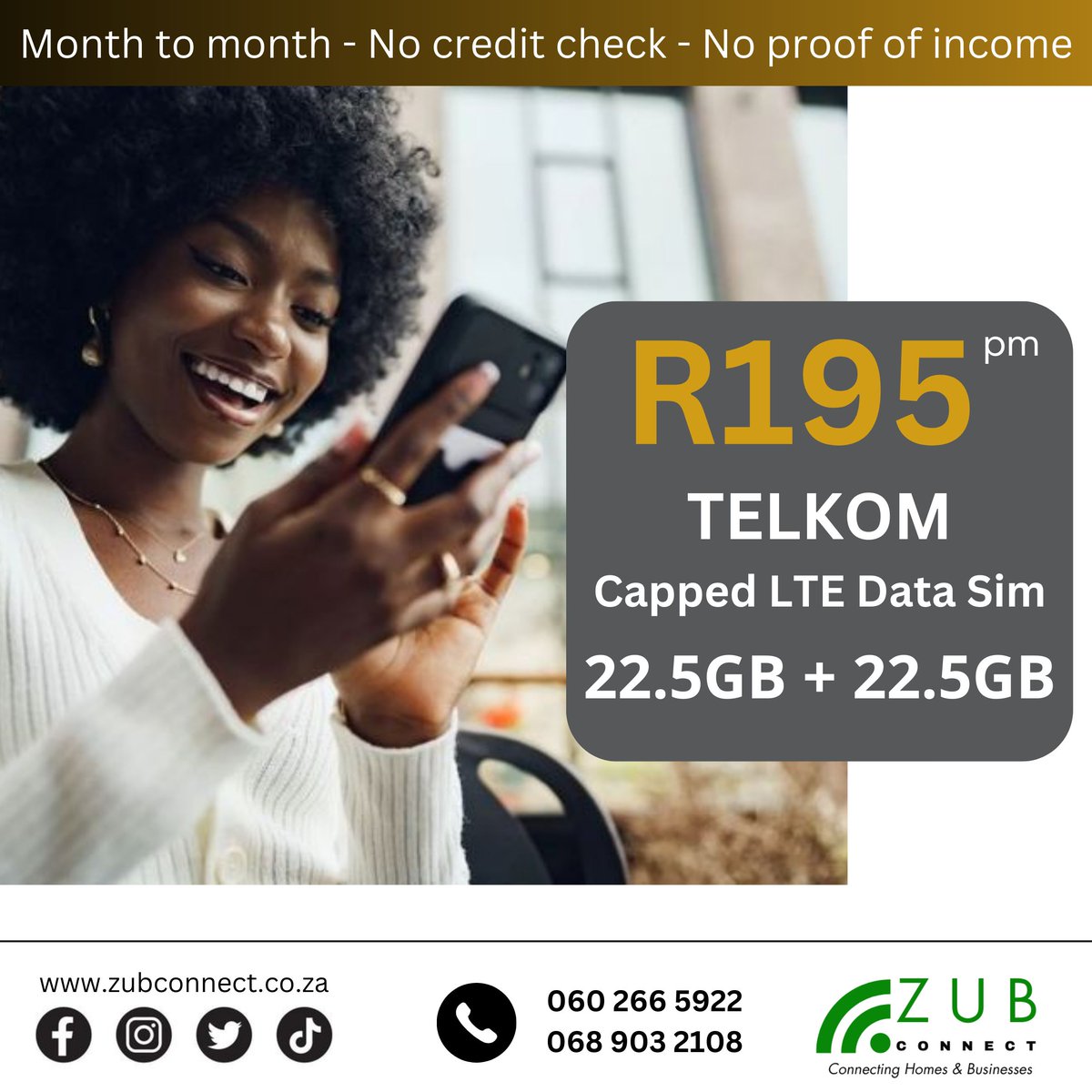 zub_connect's tweet image. Stay connected with Telkom’s amazing offer! Get your 45GB Capped LTE Data SIM for only R195 per month! 

Don’t miss out on this incredible deal! Perfect for streaming, browsing, and staying in touch with loved ones.

👉 WhatsApp: 060 266 5922
#DataDeal #StayConnected #Affordable