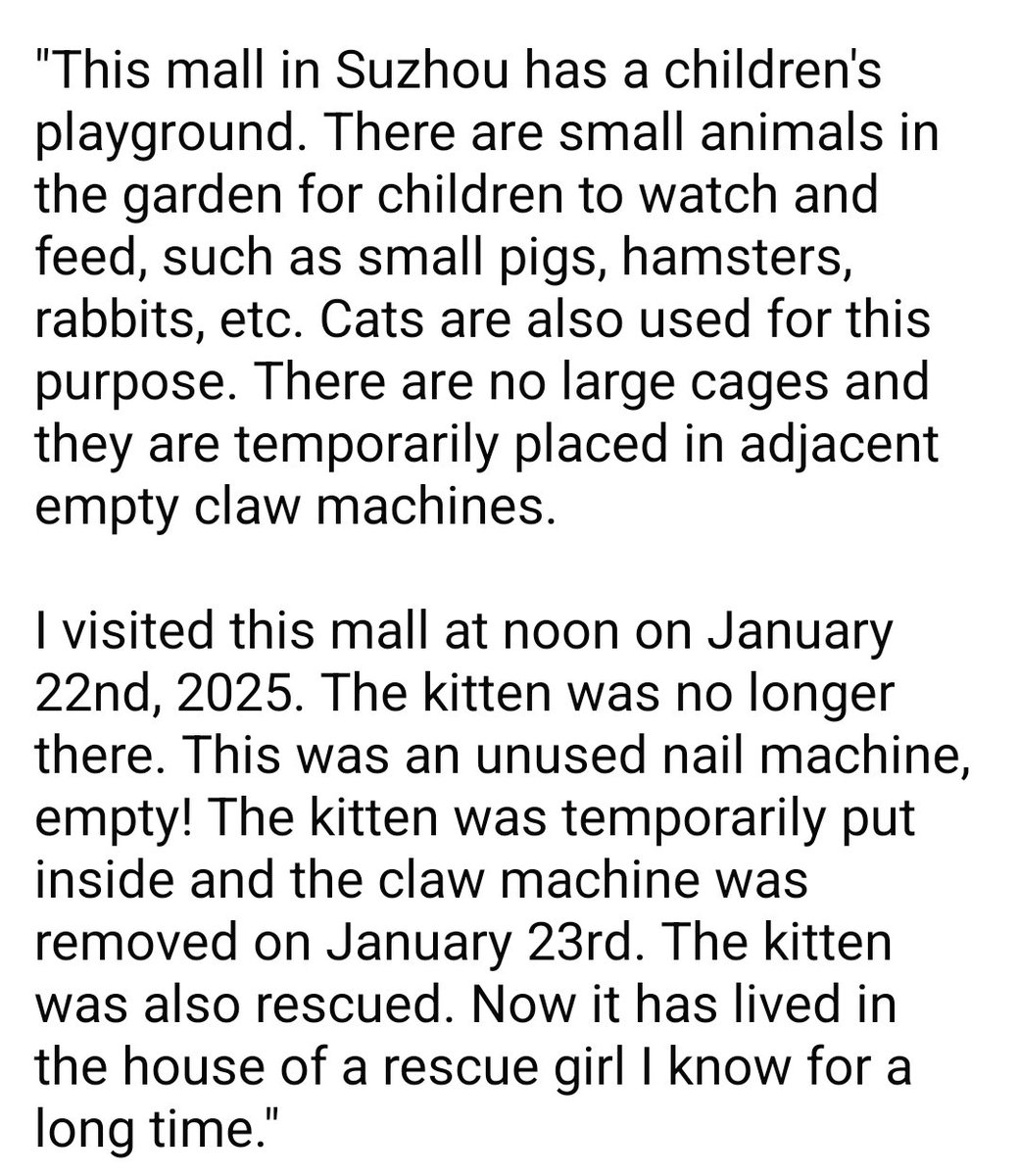 WeAreNotFood's tweet photo. Update on the kitten in the claw machine at the mall in Suzhou, Jiangsu, China 

The kitten was rescued in January, but this disgusting phenomenon, having live animals in the claw machine, is not new.

#animalprotectionlawprc2025 #animalexploitation #animalabuse https://t.co/CfZ6yaOzY5