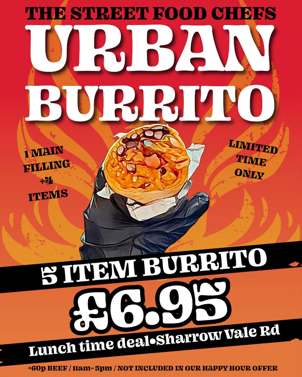 It’s Friday and our new lunch time offer is out! 
URBAN BURRITO🌯 for £6.95!!

Tag us in your pictures of our new 5 item Burrito!🫣🤩

Only at our Sharrow Vale location📍 
11am- 5pm
