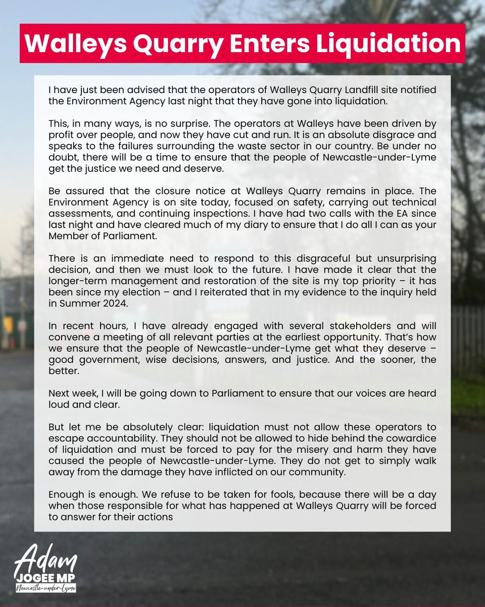 AJogee's tweet photo. My statement below 👇 

WQL cannot escape accountability nor hide behind the cowardice of liquidation.

They must pay for the misery and harm they have caused the people of Newcastle-under-Lyme. 

You don’t get to simply walk away from the damage inflicted on us. 

#LoveNuL 🌹🇬🇧 https://t.co/iLC8YJmTdX