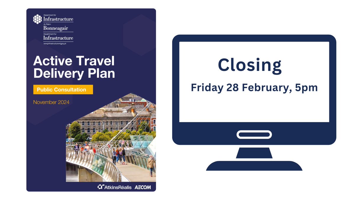 📢 FINAL REMINDER 

The Active Travel Delivery Plan consultation closes this evening at 5pm 🕔

Thanks to everyone who has taken the time to get involved - if you would still like to have your say, visit bit.ly/ATDPConsultati…

<a href="/lisburnccc/">LCCC</a> @causewaycouncil <a href="/ANBorough/">Antrim & Newtownabbey Borough Council</a>