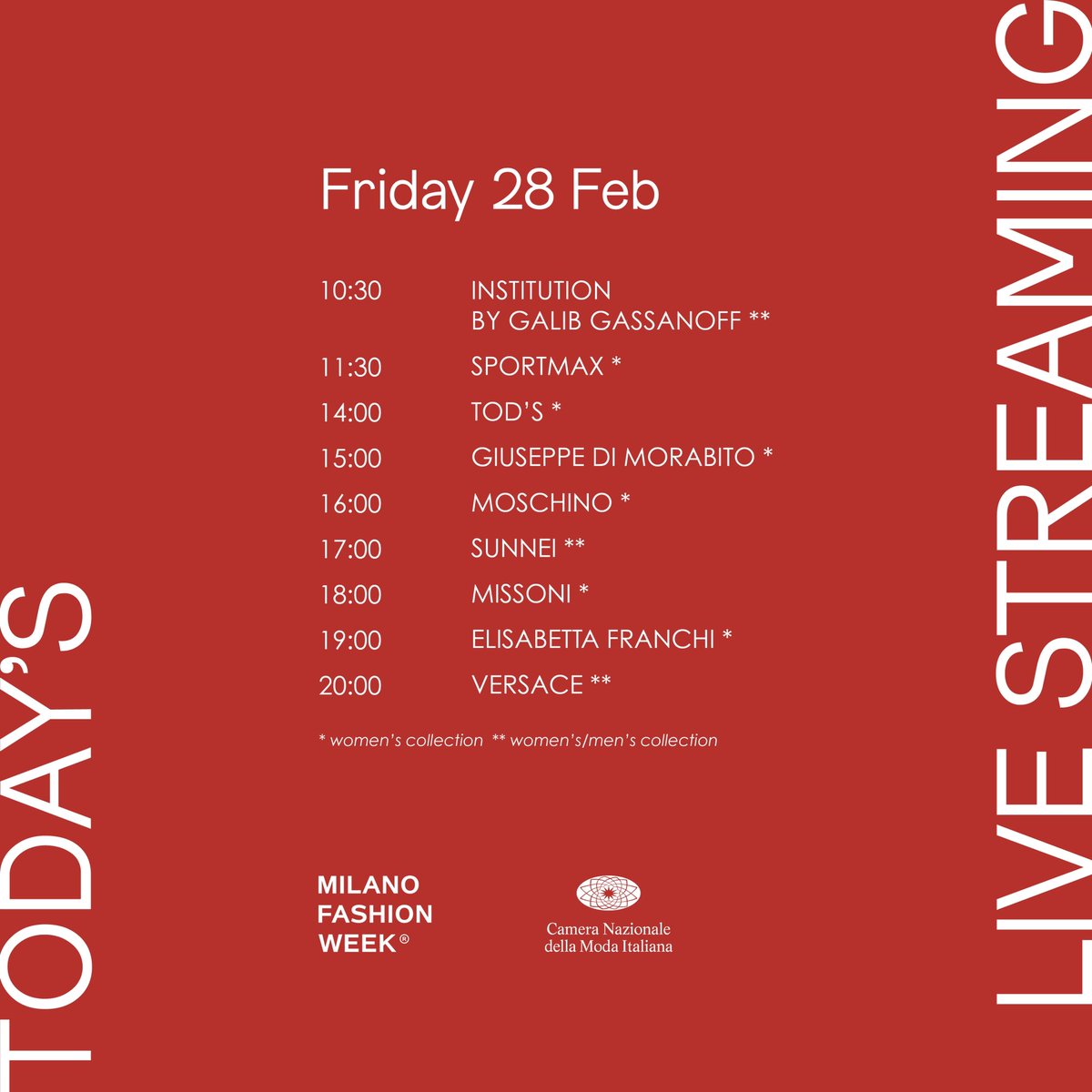 #MFW day 4
Today’s shows for the Fall/Winter 2025-26 women’s collection at Milan Fashion Week. Check the schedule and don’t miss all the live-streams from your favourite runway shows and the looks from the latest collections. 
Now live on milanofashionweek.cameramoda.it