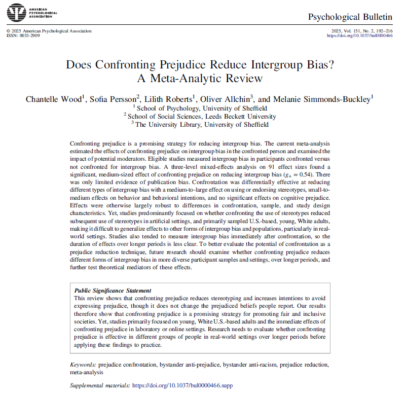 Chantelle Wood (@chantellewwood) on Twitter photo Really pleased that our meta-analysis on prejudice confrontation (<a href="/DrSofiaPersson/">Dr Sofia Persson</a> <a href="/Mel_S_B/">Mel Simmonds-Buckley</a>) has been published in Psychological Bulletin. We find that confronting prejudice is an effective bias reduction strategy (but there is more research to be done!): doi.org/10.1037/bul000… Really pleased that our meta-analysis on prejudice confrontation (<a href="/DrSofiaPersson/">Dr Sofia Persson</a> <a href="/Mel_S_B/">Mel Simmonds-Buckley</a>) has been published in Psychological Bulletin. We find that confronting prejudice is an effective bias reduction strategy (but there is more research to be done!): doi.org/10.1037/bul000…
