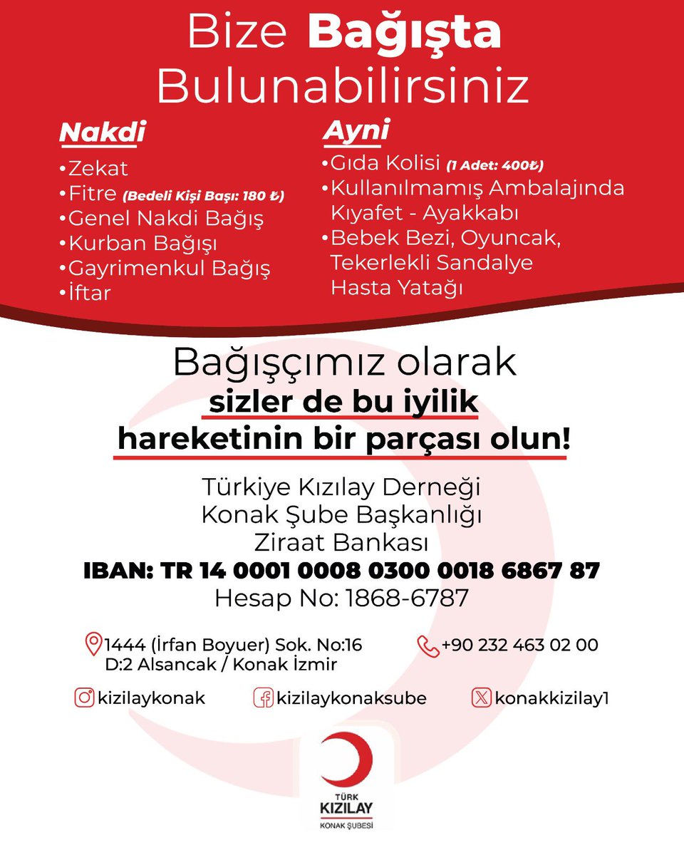 Bu Ramazan'da Kalbimiz Bir Soframız Bir 
Kızılay Konak Şubesi olarak bu Ramazan’da daha fazla vatandaşımıza yardım eli uzatmak ve hayatlarına dokunmak için bağışlarınızı bekliyor, birlikte hem sofraları hem de kalpleri doyurmayı umut ediyoruz.