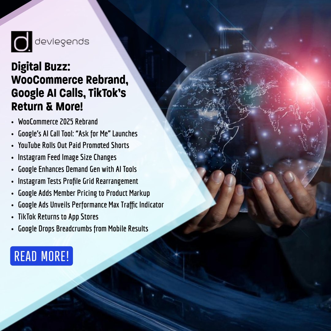 devlegendstech's tweet image. Discover the latest tech updates: WooCommerce’s rebrand, Google’s AI-powered scheduling tool, TikTok’s comeback, and more! &amp;gt;&amp;gt;
bit.ly/4hiFoOl
#TechNews #WooCommerce #TikTok  #Ecommerce #SocialMedia #TechUpdates #YouTubeShorts #InstagramUpdates #GoogleAds #TechInsights