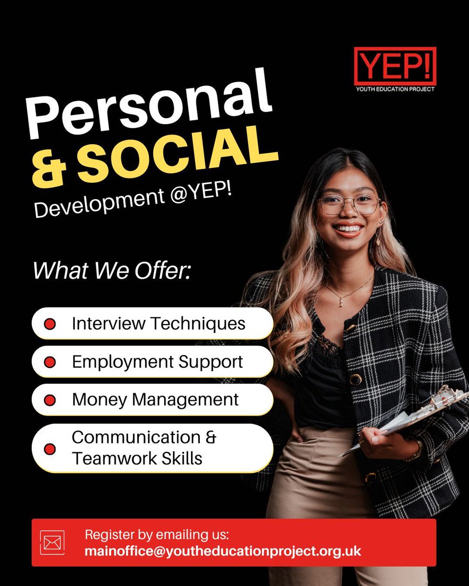 YEP (@youthedproject) on Twitter photo Personal & Social Development at YEP! π
Helping young people build confidence, develop life skills & prepare for the future with interview techniques, employment support, money management & more.
π§ Register: mainoffice@youtheducationproject.org.uk
#YouthEducation #LifeSkills Personal & Social Development at YEP! π
Helping young people build confidence, develop life skills & prepare for the future with interview techniques, employment support, money management & more.
π§ Register: mainoffice@youtheducationproject.org.uk
#YouthEducation #LifeSkills