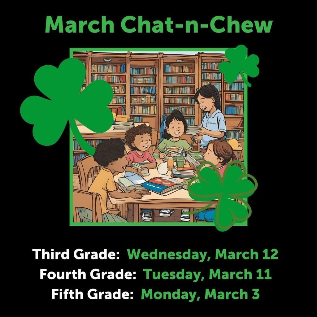 March Chat-n-Chew Dates are coming up! Third Grade meets on March 12th. Fourth Grade meets on March 11th. Fifth Grade meets on March 3rd. Be sure to have read your book before this date, and bring your lunch and book on your scheduled date! @rhes_library #rhes25