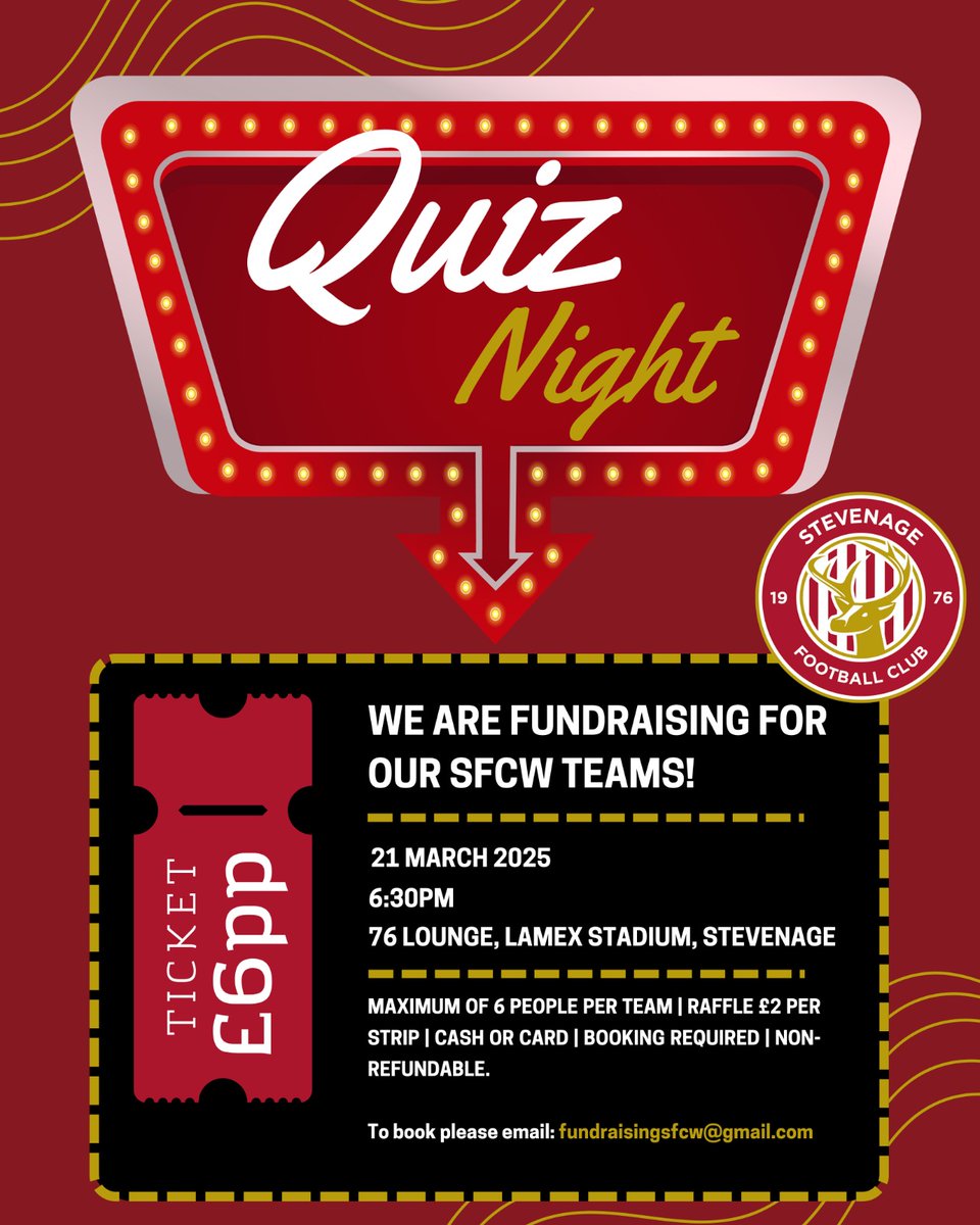 SFCW Fundraising (@sfcwfundraisers) on Twitter photo Looking for a few more teams for our fundraising quiz night, hosted by our very own <a href="/drackers/">Jay Drackford</a> . Please email to book. Details in the poster.
<a href="/StevenageFC/">Stevenage FC π΄βͺ</a> <a href="/StevenageFCW/">Stevenage FC Women</a> <a href="/borofoundation/">Stevenage FC Foundation</a>
<a href="/TSFCPodcast/">The Stevenage FC Podcast</a> <a href="/Boropod/">Boropod</a>
<a href="/laurence_h_uk/">Laurence A</a> <a href="/SBFCWorrier/">davidgray</a> <a href="/StuartRowe19/">Stuart Rowe</a> Looking for a few more teams for our fundraising quiz night, hosted by our very own <a href="/drackers/">Jay Drackford</a> . Please email to book. Details in the poster.
<a href="/StevenageFC/">Stevenage FC π΄βͺ</a> <a href="/StevenageFCW/">Stevenage FC Women</a> <a href="/borofoundation/">Stevenage FC Foundation</a>
<a href="/TSFCPodcast/">The Stevenage FC Podcast</a> <a href="/Boropod/">Boropod</a>
<a href="/laurence_h_uk/">Laurence A</a> <a href="/SBFCWorrier/">davidgray</a> <a href="/StuartRowe19/">Stuart Rowe</a>