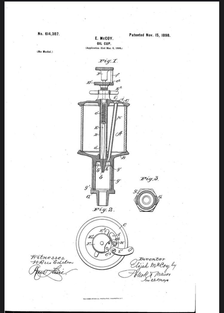 The automatic oil cup was a way to lubricate trains. Before it, workers had to oil parts by hand. This invention was patented by Elijah McCoy. The quality was so good that people requested “The Real MoCoy” when buying one.