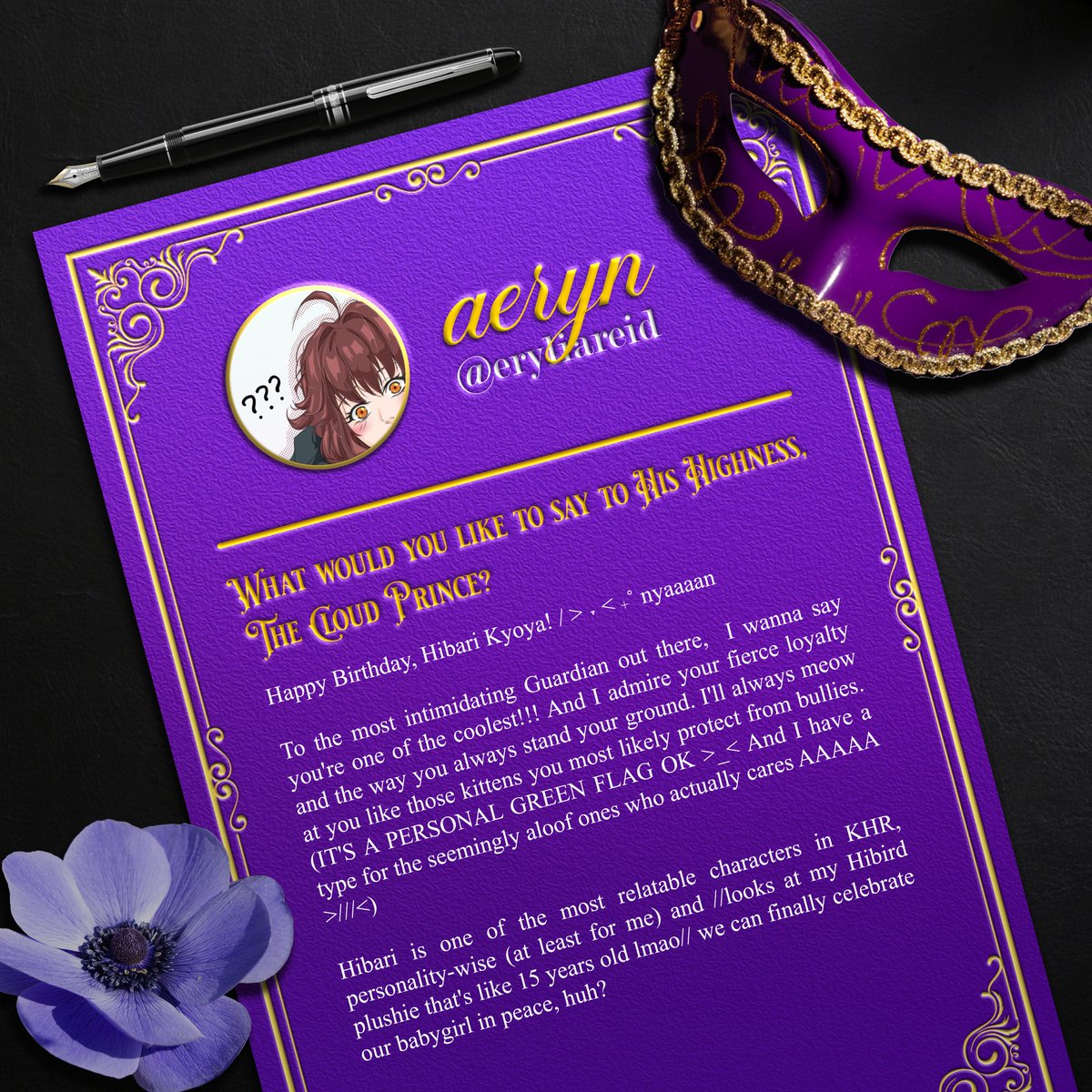 vongolaph's tweet photo. [ 𝐀𝐑𝐓𝐈𝐒𝐓 𝐈𝐍𝐓𝐑𝐎 ]

Two new letters came in today, and it seems like our wonderful guests of honor @eryliareid and @yveaine would like to offer their words of appreciation as well for the Noble Prince.

#HibariKyoyaCSE #TheCloudsMasquerade #Cloud18 https://t.co/IeDakR9FHJ