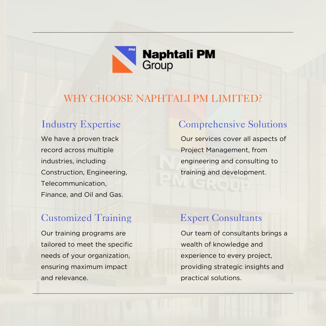 Naphtali_pm's tweet photo. Naphtali PM Group - With industry expertise spanning across Construction, Engineering, Finance, and Oil &amp; Gas, we’re here to elevate your projects to new heights! From comprehensive solutions to customized training, our expert consultants ensure success at every turn. https://t.co/JJPr4STKDp