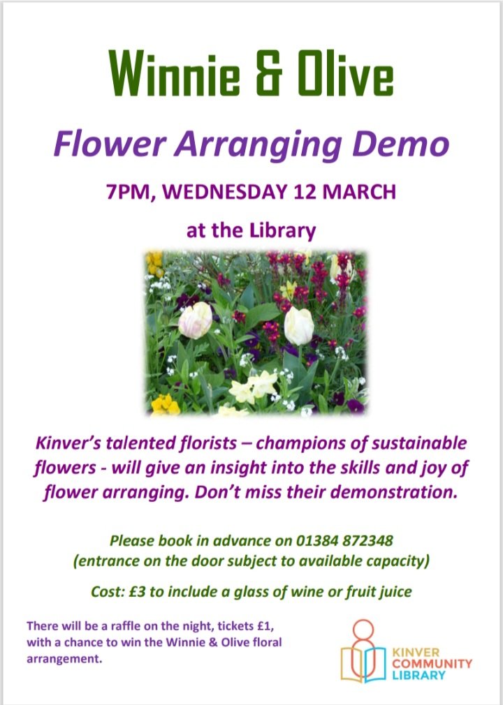 KinverLibrary's tweet image. Have you booked your place at our upcoming Flower Arranging Demo from Winnie &amp;amp; Olive? It&apos;ll be a lovely evening! Call in or phone us on 01384 872348. @StaffsLibraries #Kinver