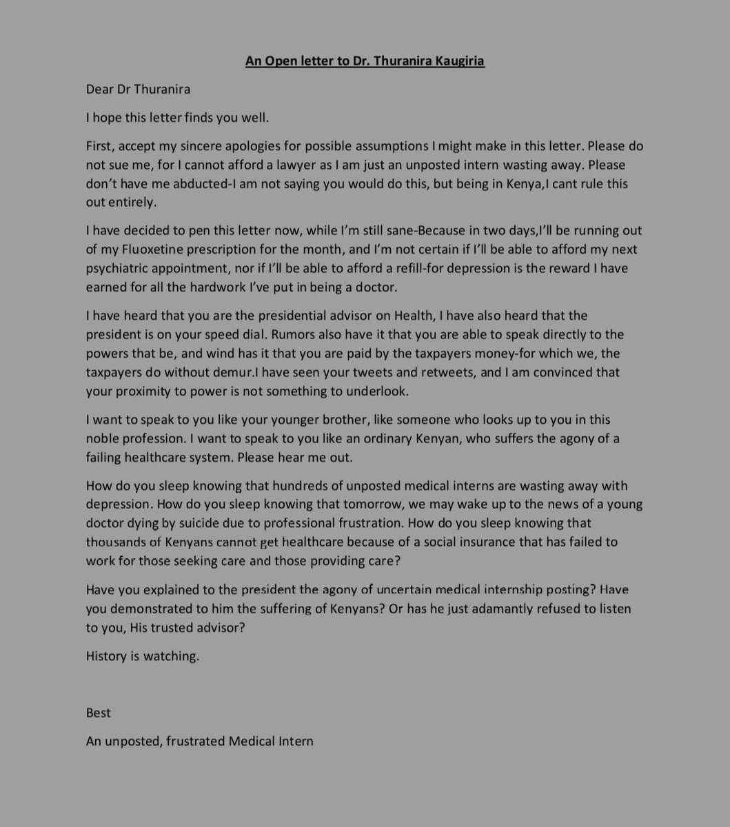 1300 young doctors have come face to face with the reality of a banana republic.A system that's designed to condemn them to mental institutions &amp; grave yards.SAD!
<a href="/drthuranira/">Thuranira Kaugiria</a> 
<a href="/kmpdu/">KMPDU</a>
<a href="/Davji/">Davji Bhimji Atellah</a>
<a href="/DeboraBarasa/">Dr Deborah Mlongo Barasa, E.G.H.</a>
<a href="/psmuthoni/">Mary Muthoni Muriuki, CBS, HSC</a>
<a href="/MiskellahMD/">Daktari ya Wanawake</a>
<a href="/AokoOtieno_/">Maverick Aoko</a>
#postmedicalinterns 
#ImplementCBA2017