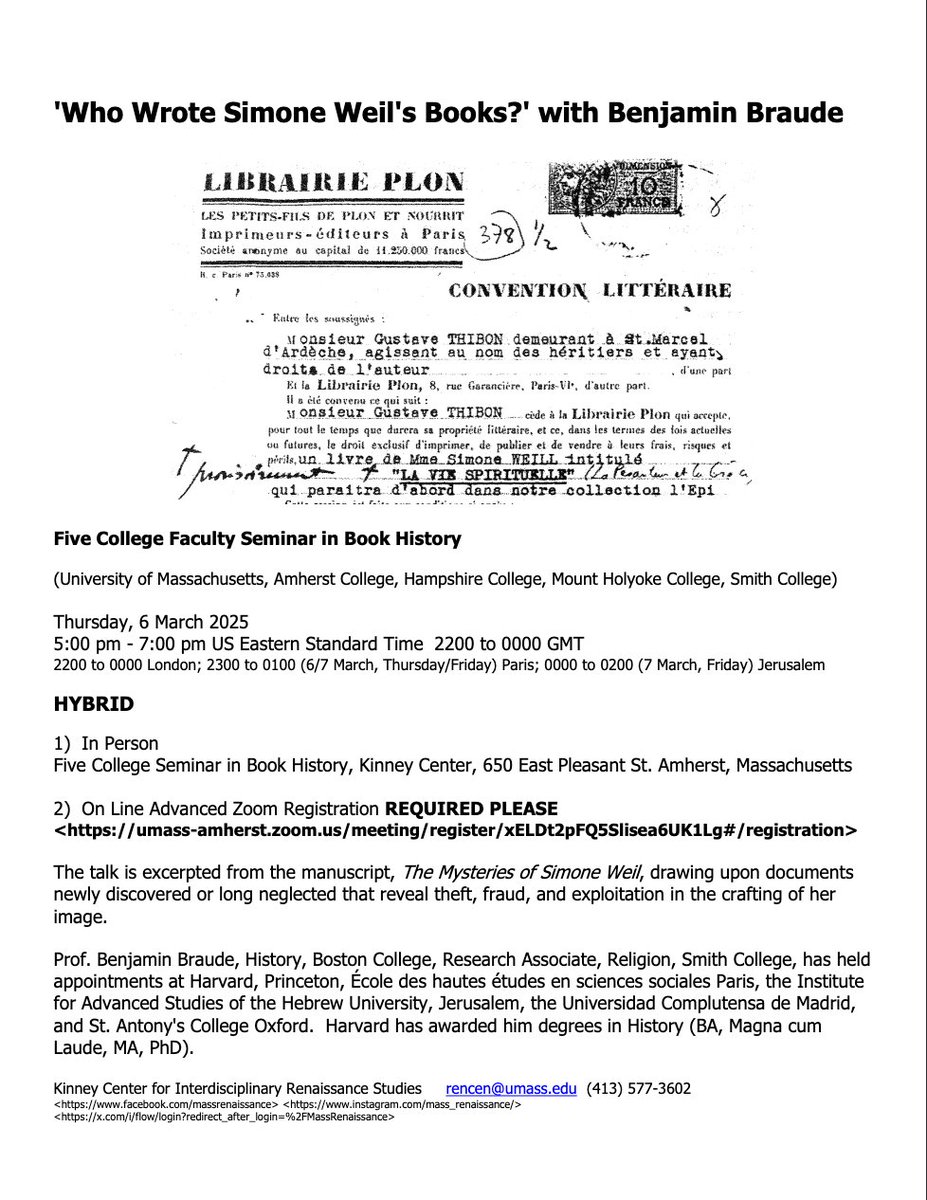 Prof. Benjamin Braude shared with me this digital event on Simone Weil that he is hosting. It looks like it will be an incredible talk, shedding a lot of light on the mysteries surrounding the crafting of Weil's image today!
