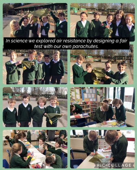 To test air resistance, we designed a fair test to see if the size of a parachute canopy impacted the time the parachute took to fall to the ground. We had great fun creating &amp; testing our parachutes - which thanks to Mrs Khan in the office, were made using actual parachute silk!