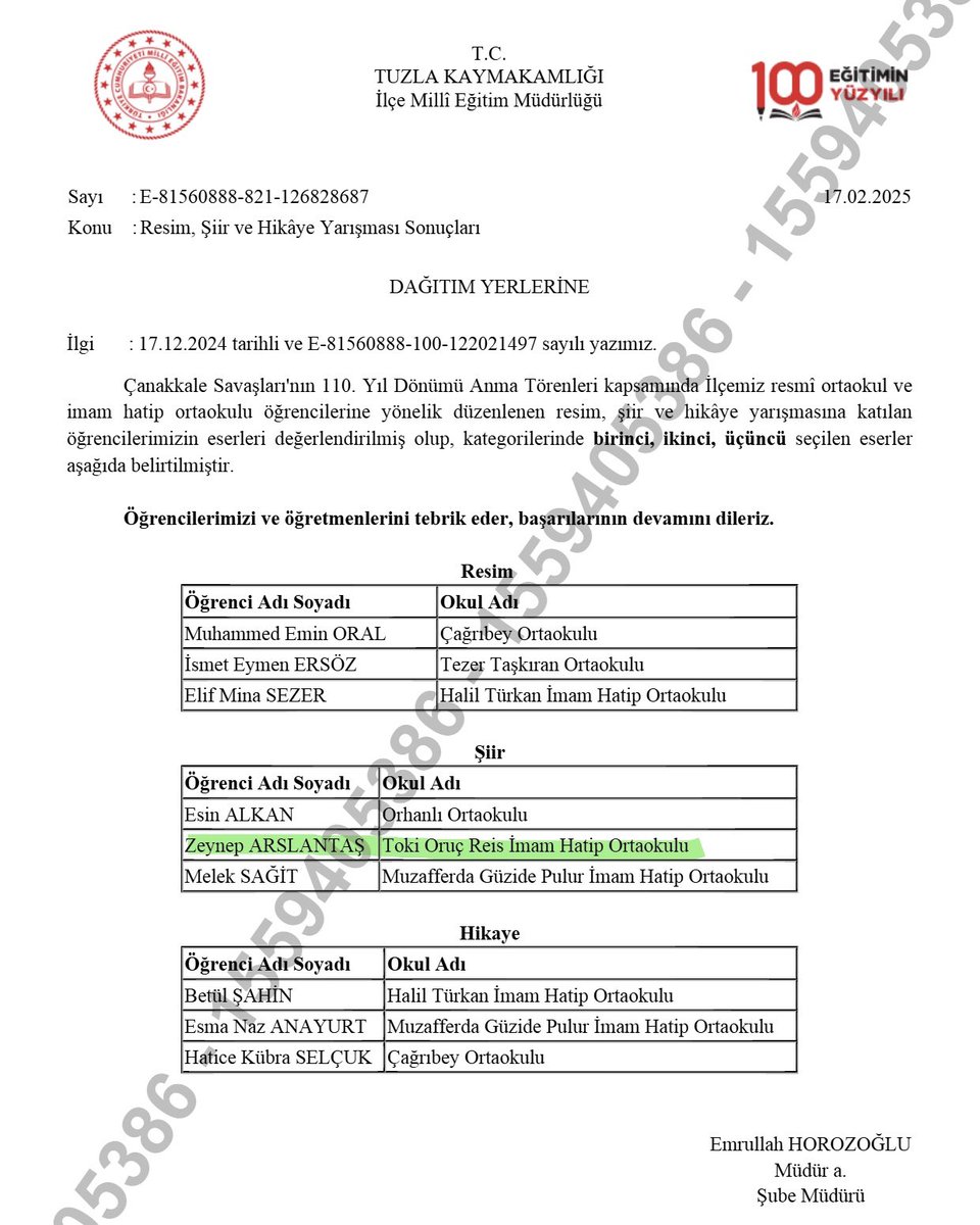 Çanakkale Savaşları konulu şiir yarışmasında okulumuz 8-A sınıfı öğrencisi Zeynep Arslantaş Tuzla İkincisi olmuştur. Öğrencimizi, ailesini ve türkçe öğretmeni Abdullah Gökcen’i kutluyoruz.