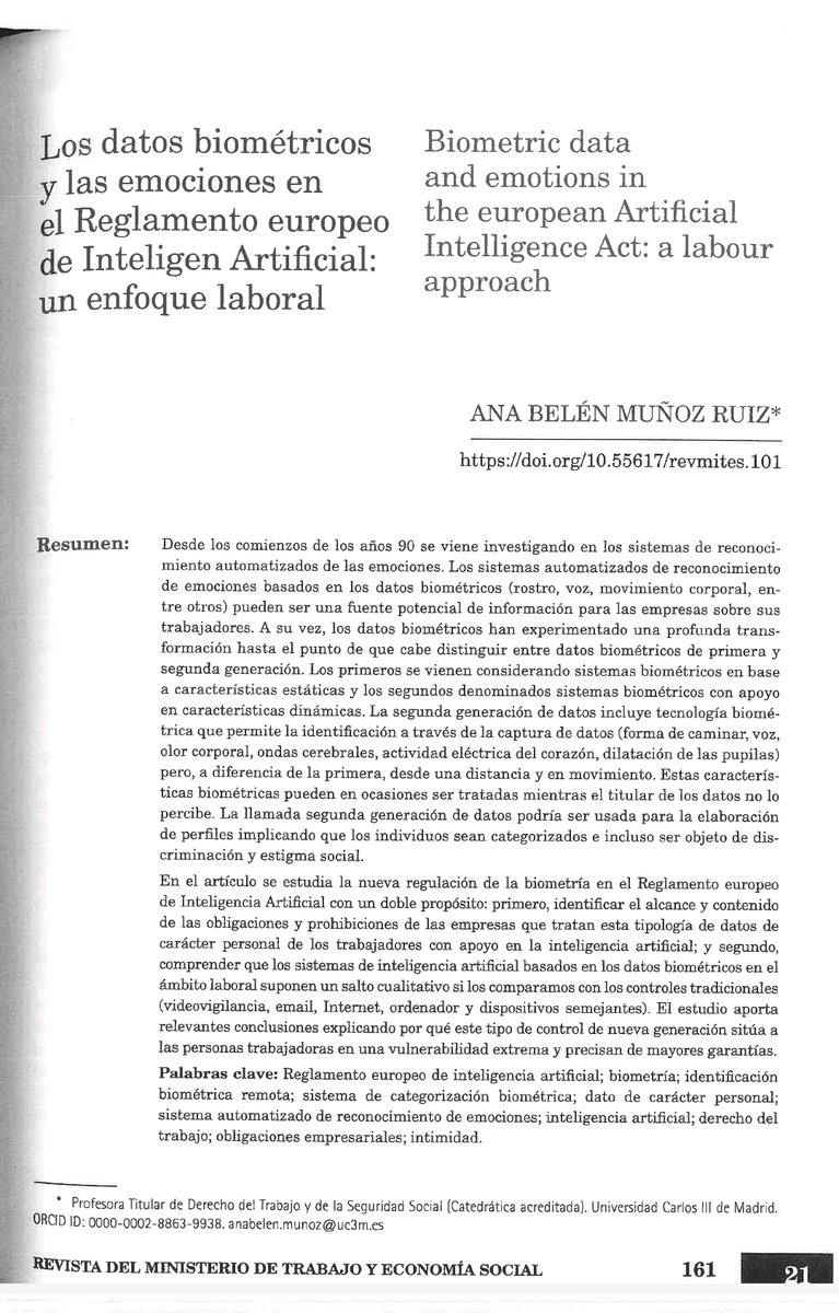 MunozAnabelen's tweet image. Comparto noticia de mi nueva publicación &quot;Los datos biométricos y las emociones en el Reglamento europeo de Inteligencia Artificial: un enfoque laboral&quot;, disponible en la Revista del @empleogob, nº 161, 2025.
#biometrics #personaldata #emotions #ArtificialInteligence #AIAct