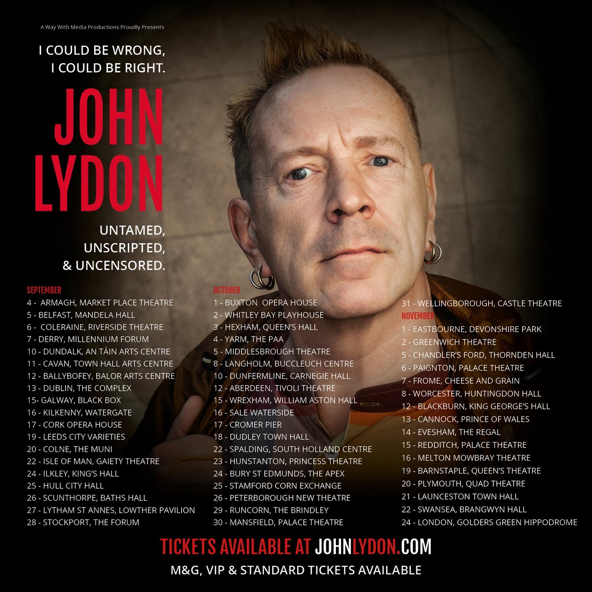 lydonofficial's tweet photo. John Lydon's 2025 Q&amp;A tour on sale now. See link below for dates and links.
ViP meet &amp; greet packages are also available. 

https://t.co/pdUq2sim7N https://t.co/WFvxmtZfsD