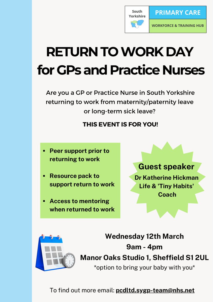 SY Training Hub (@pcwt_hub) on Twitter photo Are you returning to work after maternity/paternity leave or long-term sick?
Do you know a colleague who is returning to work soon? 
RETURN TO WORK DAY for GPs and Practice Nurses 12th March 9am-4pm
Register here: bit.ly/41mNpvH Are you returning to work after maternity/paternity leave or long-term sick?
Do you know a colleague who is returning to work soon? 
RETURN TO WORK DAY for GPs and Practice Nurses 12th March 9am-4pm
Register here: bit.ly/41mNpvH
