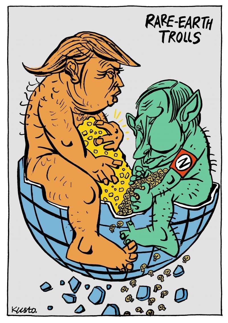 Rare earth trolls. Cartoon by Oleksiy Kustovsky: buff.ly/43zLXc7

#Trump #Putin #Ukraine