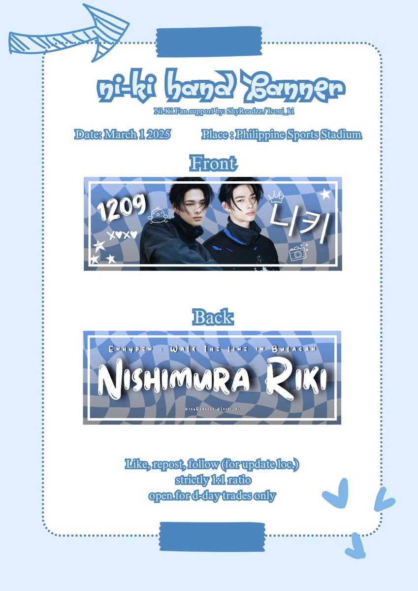ENHYPEN:WALK THE LINE IN BULACAN 

☆ a fan support for #NI_KI 

Rules:
•rt and like (follow optional)
•can trade, strictly 1:1
•time &amp; loc: TBA
#WALKTHELINE_IN_BULACAN