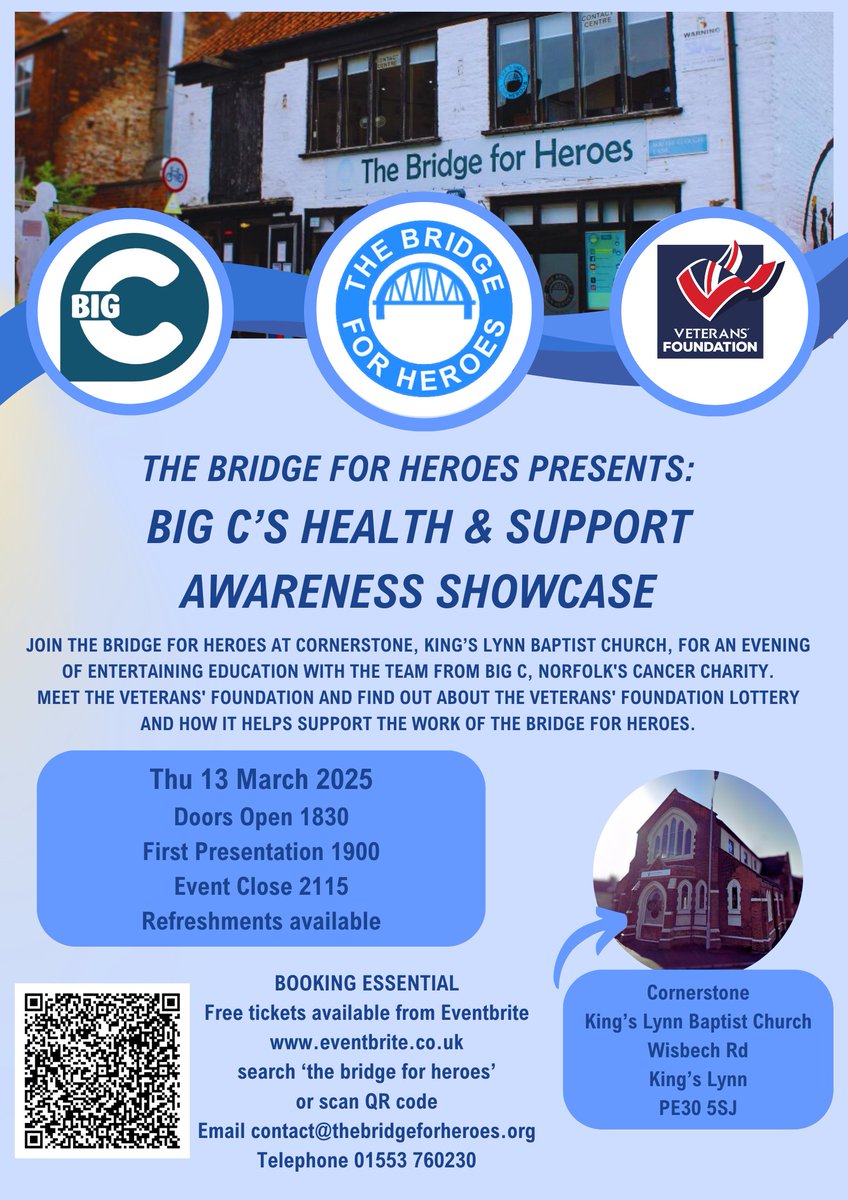 Join us on Thursday 13th March at 6.30pm Cornerstone KLBC 👍

#bigc #cancerawareness #Community #ArmedForcesCommunity #veterans #veteransupport