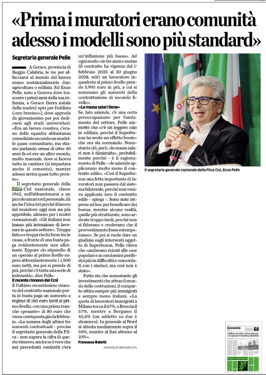 Su L'Eco di Bergamo le riflessioni del segr. gen. Enzo Pelle sulla "nuova" #edilizia: "Oggi si è perso il senso di comunità tra i muratori. Il settore resta poco allettante per i #giovani, nonostante i #cantieri siano diventati un luogo di #lavoro sicuro, moderno e dignitoso".