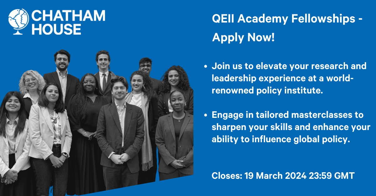 Become a QEII Academy Fellow!

Our fully funded, 10-month fellowships based in London provide the time, space and support for emerging leaders to enhance their ability to shape policy and drive real-world impact.🌎 
 
Apply to join our 2025-2026 cohort👇

careers.chathamhouse.org/jobs/5608610-2…