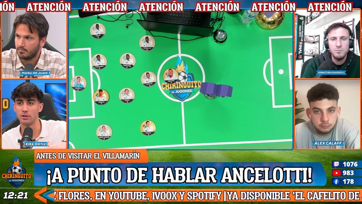 ⚪️¡A punto de hablar Ancelotti en rueda de prensa!

🟣twitch.tv/elchiringuitotv
🔴youtube.com/watch?v=PtbCcK…
🔵fb.watch/y1hAkIv5TX/
🟢kick.com/elchiringuitotv