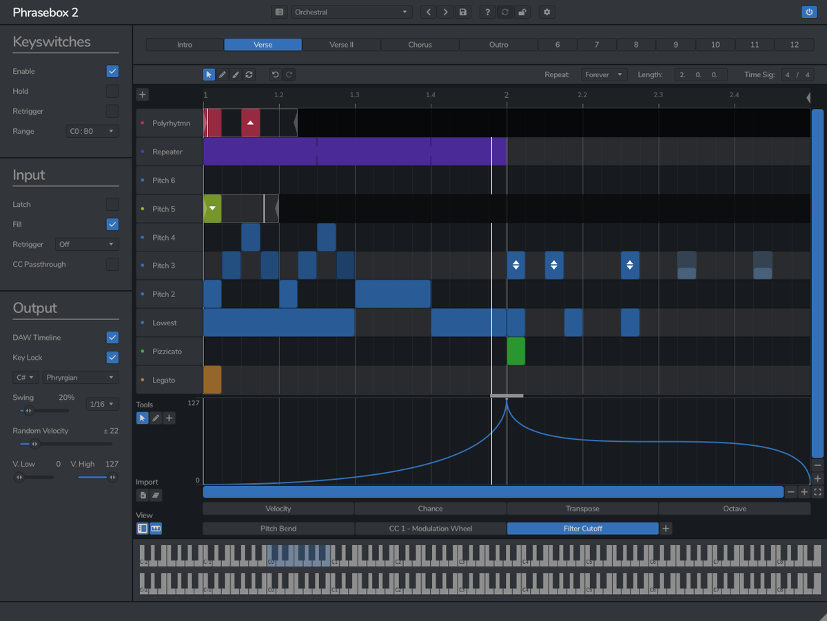 Phrasebox 2 Beta 2 is now available.

This update brings back the 'All' notes row and velocity sliders from version 1, as well as improving the interface with more colours and better note modifier visuals.

You can now also bulk import version 1 presets.

venomode.com/phrasebox-2