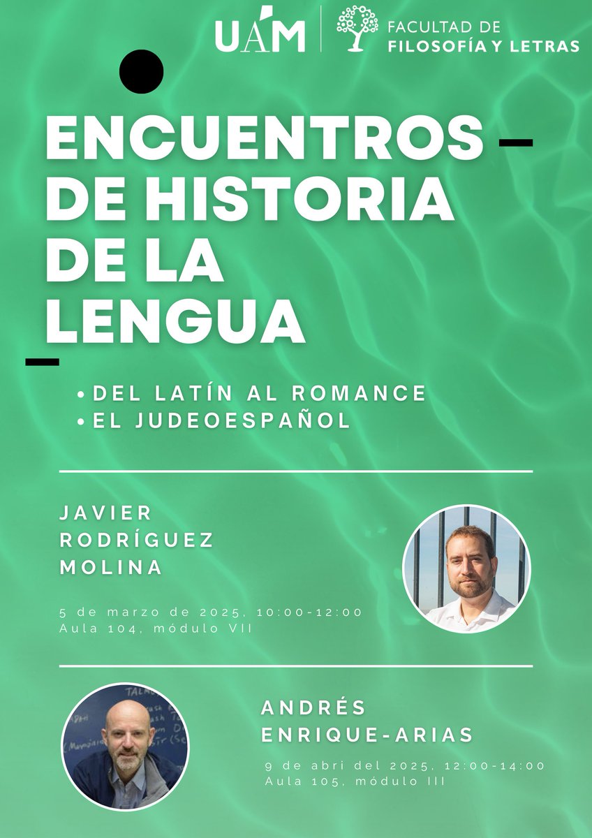 No os perdáis los Encuentros de Historia de la Lengua.
El miércoles 5 (10:00-12:00) trataremos el paso del latín al romance, con Javier Rodríguez Molina.

¡Os esperamos!

estudioshispanicosuam.blogspot.com/2025/02/encuen…