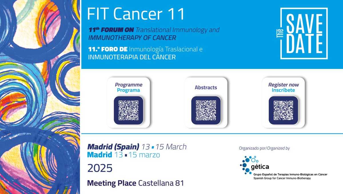 En dos semanas comienza #FITCancer11❗

Asiste al epicentro de la #inmunologiatraslacional y de la #inmunoterapiacancer.

ℹ️goo.su/AiSJDad