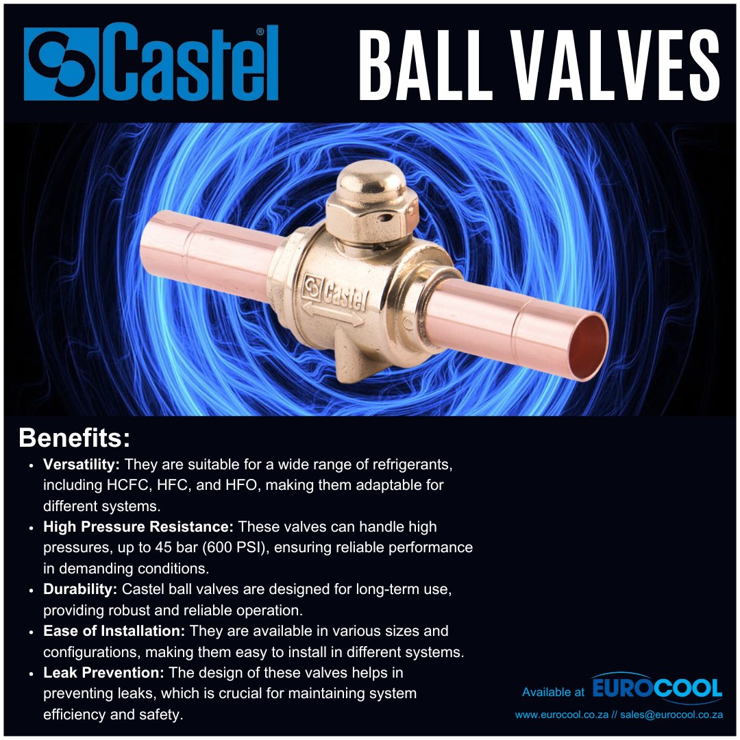 Upgrade your refrigeration system with Castel Ball Valves—engineered for versatility, durability, and high-pressure resistance! 
Available now at Eurocool! Contact us at sales@eurocool.co.za or visit eurocool.co.za
#Eurocool #Castel #BallValves #Refrigeration #HVAC