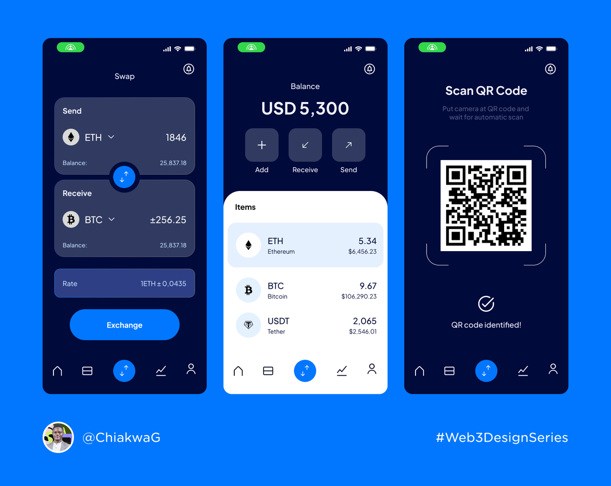 I designed a modern crypto wallet UI for efficiency, security, and ease of use. The dark theme enhances readability, while the intuitive navigation keeps things simple. #Web3DesignSeries #CryptoUX #Crypto #Design <a href="/DezinDesign/">Dezin</a> <a href="/thedennisobaro1/">Dennis Obaro the UI/UX KING</a> 

See thread...
