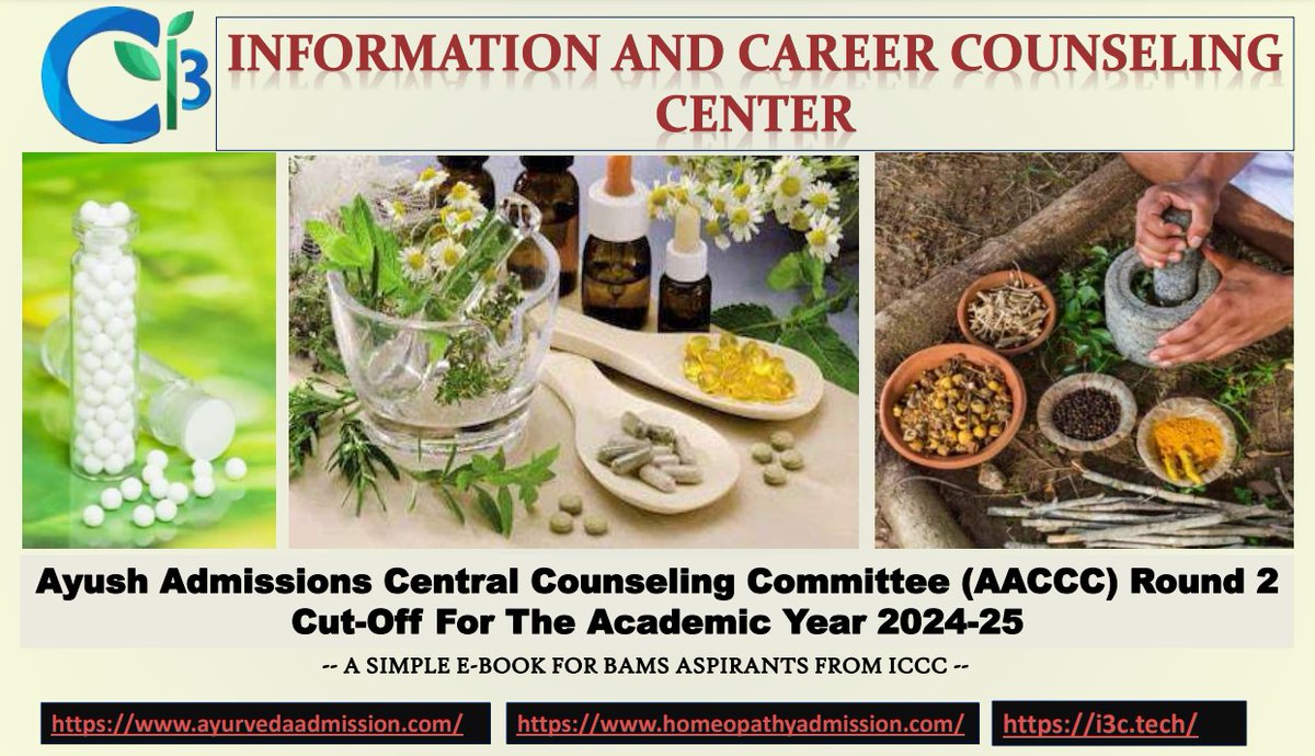 ayush_admission's tweet image. 📢 AACCC Round 2 Counseling E-Book 2024-25
Unlock all the details for AYUSH admissions Cut-off eligibility, counseling process

E-Book: …es-assets.blr1.digitaloceanspaces.com/2025/01/19/AAC…
Contact: 8884499766/50
website: ayurvedaadmission.com
Telegram: t.me/ayushadmission

#aaccc #aaccccutoff2024