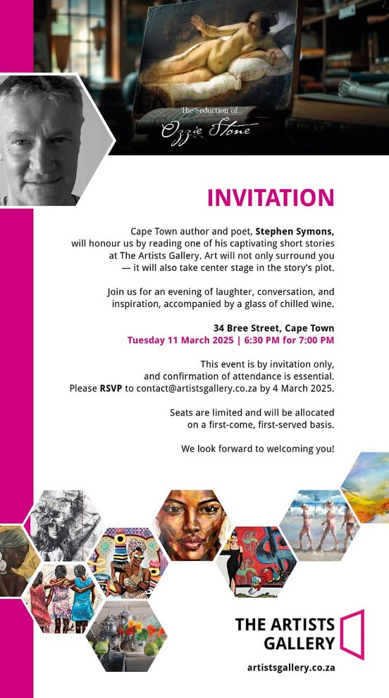 Stephen Symons (@defendtherealm) on Twitter photo A Special Invitation – An Evening of Words & Conversation 📷📷
Friends in and around Cape Town, this is something special 📷
On Tuesday, 11 March, we are hosting an intimate reading with the remarkable & kind Cape Town author
Stephen Symons. <a href="/KaravanPress/">Karavan Press</a> <a href="/KarinaMSzczurek/">Dr Karina M. Szczurek</a> A Special Invitation – An Evening of Words & Conversation 📷📷
Friends in and around Cape Town, this is something special 📷
On Tuesday, 11 March, we are hosting an intimate reading with the remarkable & kind Cape Town author
Stephen Symons. <a href="/KaravanPress/">Karavan Press</a> <a href="/KarinaMSzczurek/">Dr Karina M. Szczurek</a>