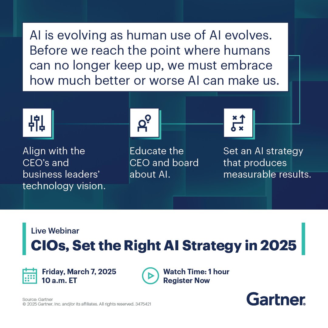21% of CEOs see AI as a top disruptor, but 49% struggle to show its value. Join <a href="/Gartner_inc/">Gartner</a>'s webinar for guidance about this challenge gtnr.it/43b5xuH

#GartnerIT #AI #CIO #Leadership