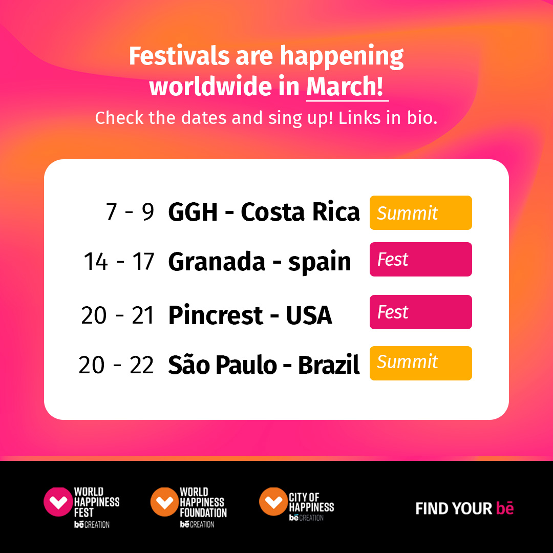 The World Happiness Fest is the world’s largest and most diverse forum committed to advancing happiness, well-being, and social impact. 

Join a unique journey where we will explore how to transform our communities.
 Get your ticket now: l8r.it/OHfF
