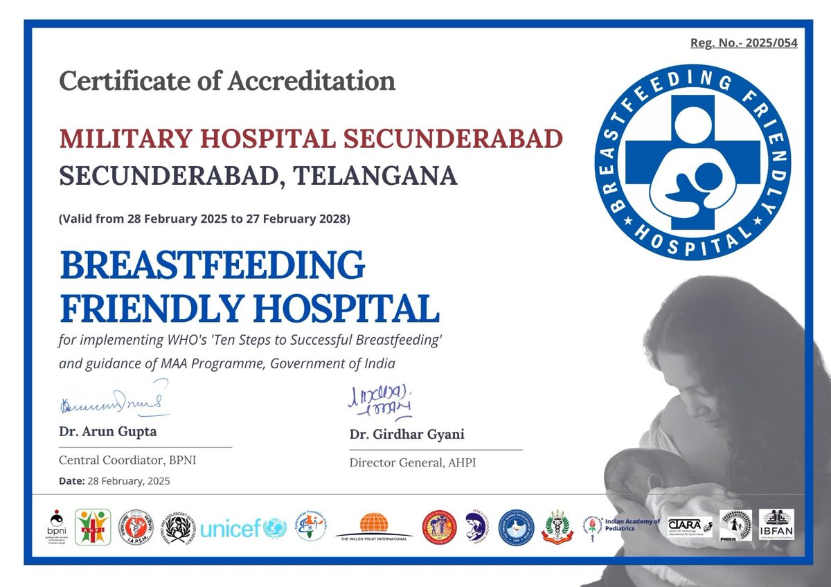 BPNI (@bpniindia) on Twitter photo We are glad to announce that Military Hospital Secunderabad, Telangana has been accreditated as "Breastfeeding Friendly Hospital" by The National Accreditation Centre.
<a href="/Moveribfan/">Dr. Arun Gupta MD FIAP (Ped)</a>
<a href="/dgafms_mod/">DGAFMS-MoD</a>
<a href="/UNICEFIndia/">UNICEF India</a>
<a href="/WHO/">World Health Organization (WHO)</a>
<a href="/ahpi_india/">Association of Healthcare Providers (India) - AHPI</a>
<a href="/IAPSM_India/">Indian Association of Preventive & Social Medicine</a>
<a href="/MoHFW_INDIA/">Ministry of Health</a>
<a href="/IaSouthern/">Southern Command INDIAN ARMY</a> We are glad to announce that Military Hospital Secunderabad, Telangana has been accreditated as "Breastfeeding Friendly Hospital" by The National Accreditation Centre.
<a href="/Moveribfan/">Dr. Arun Gupta MD FIAP (Ped)</a>
<a href="/dgafms_mod/">DGAFMS-MoD</a>
<a href="/UNICEFIndia/">UNICEF India</a>
<a href="/WHO/">World Health Organization (WHO)</a>
<a href="/ahpi_india/">Association of Healthcare Providers (India) - AHPI</a>
<a href="/IAPSM_India/">Indian Association of Preventive & Social Medicine</a>
<a href="/MoHFW_INDIA/">Ministry of Health</a>
<a href="/IaSouthern/">Southern Command INDIAN ARMY</a>