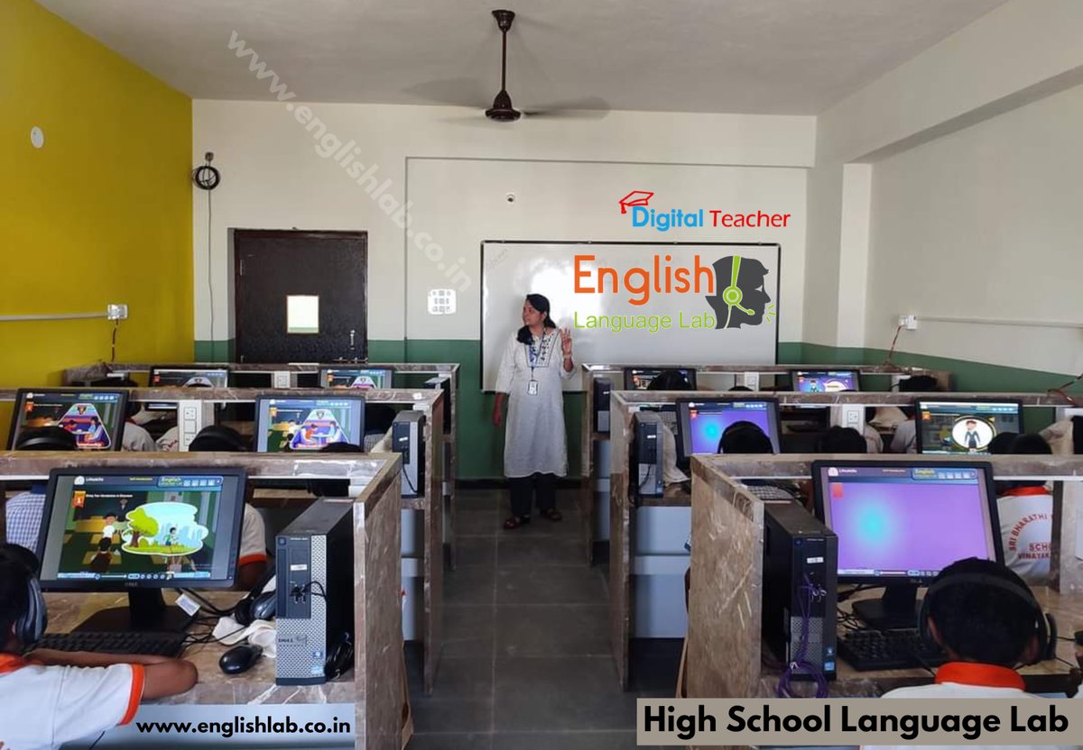 Digitallab001's tweet image. Language Laboratory at School.
Students sit at computer equipment in an English language laboratory, with a large screen showing the 'English Language Lab' and a teacher nearby.
Visit: englishlab.co.in
#LanguageLab #EnglishLab #DigitalLanguageLab #EnglishLanguageLab
