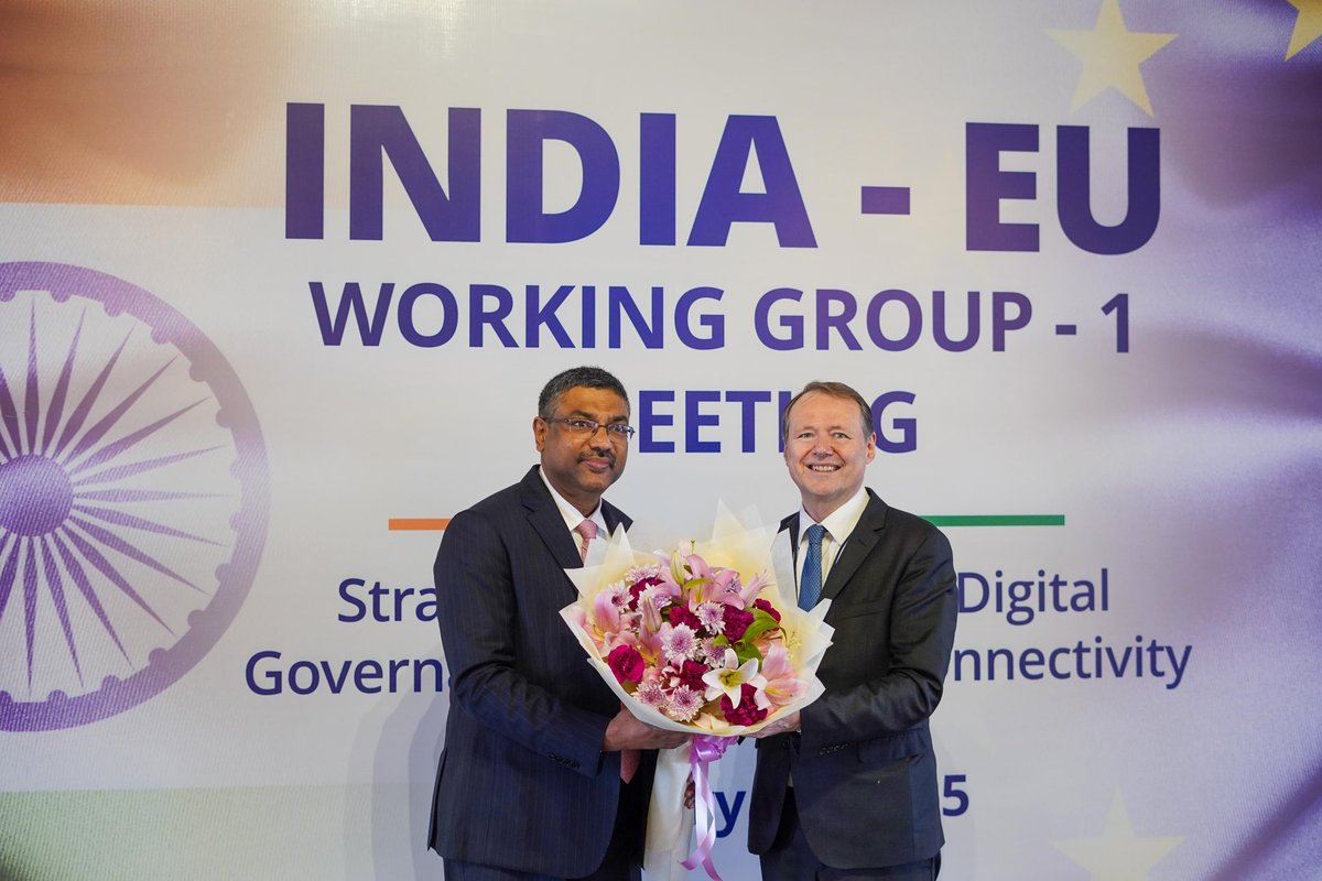 GoI_MeitY's tweet image. Shri S Krishnan, @SecretaryMEITY and @ViolaRoberto, DG, CNECT had a bilateral meeting under Working Group-1 on Strategic Technologies, Digital Governance and Digital Connectivity. 

#IndiaEU #DigitalCooperation #StrategicTech #DigitalGovernance #DigitalConnectivity #DigitalIndia