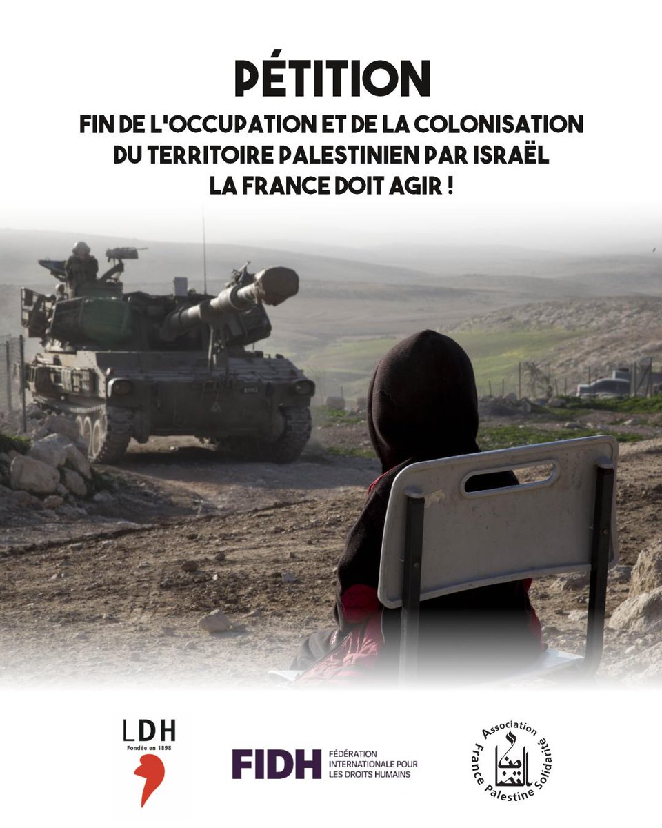Association France Palestine Solidarité (@afpsofficiel) on Twitter photo Rejoignez l'<a href="/AFPSOfficiel/">Association France Palestine Solidarité</a>, la <a href="/fidh_fr/">FIDH</a> et la <a href="/LDH_Fr/">LDH France</a> pour que la France fasse appliquer ce qu'elle a voté à l'ONU : Israël doit avoir quitté le Territoire palestinien occupé d'ici au 18 septembre 2025 !
✍️ Signer la pétition : change.org/FinOccupationP… Rejoignez l'<a href="/AFPSOfficiel/">Association France Palestine Solidarité</a>, la <a href="/fidh_fr/">FIDH</a> et la <a href="/LDH_Fr/">LDH France</a> pour que la France fasse appliquer ce qu'elle a voté à l'ONU : Israël doit avoir quitté le Territoire palestinien occupé d'ici au 18 septembre 2025 !
✍️ Signer la pétition : change.org/FinOccupationP…