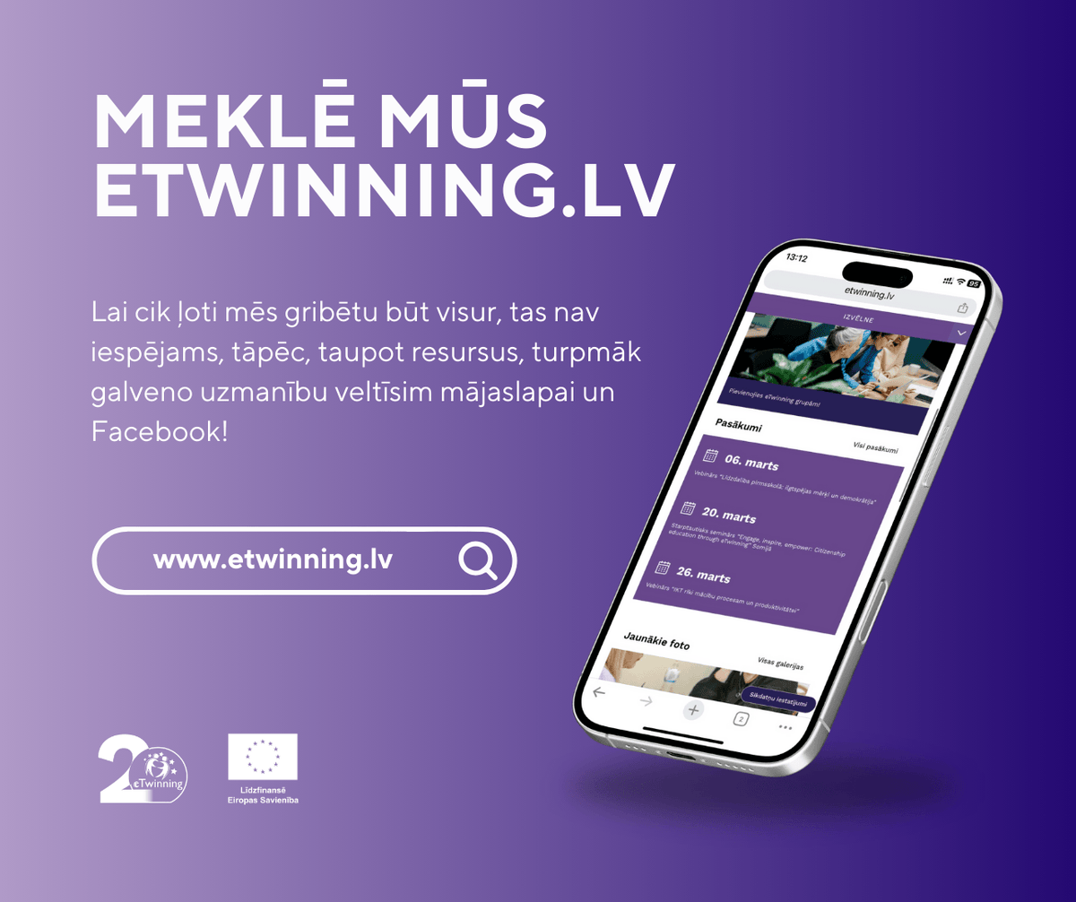🔄 Lai cik ļoti mēs gribētu būt visur, tas nav iespējams, tāpēc, taupot resursus, turpmāk galveno uzmanību veltīsim mājaslapai un Facebook! 🌍📲 Sekojiet jaunumiem: eTwinning.lv, facebook.com/etwinninglatvia vai piesakieties ziņu lapas saņemšanai etwinning.lv/pieteikties-ja…!
