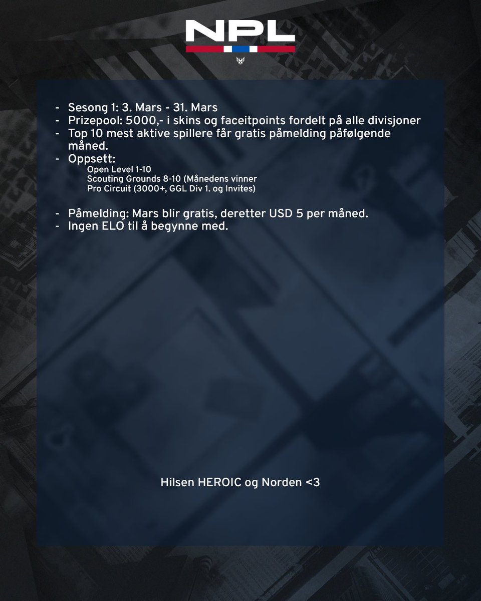 Etter at vi gikk ut på Twitter for en måned siden har miljøet vært veldig engasjerte og kommet med feedback til et norsk gather/ club queue tilbud. 

Vi har sett på tilbakemeldingene, og det er med stor glede at vi kan annonsere: Norsk Proff Liga!