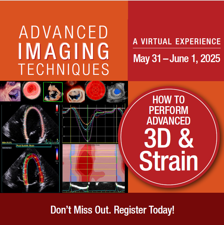 REGISTRATION OPEN: Our 5th Annual Advanced Imaging Techniques Virtual Experience will be held on May 31-June 1! 🫀

This virtual course will focus on practical how-to techniques of advanced Strain, Contrast, and 3D Imaging. A total of 6 CMEs are available. bit.ly/3sVhYHJ