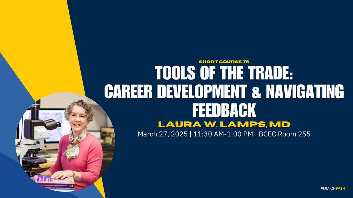 Enhance your career with Dr. Laura W. Lamps tomorrow morning! Learn the tools of the trade, how to develop your career, and how to navigate feedback. #USCAP2025 #UMichPath

🗓️March 27, 2025
📍BCEC Room 255
🕐11:30 AM-1:00 PM