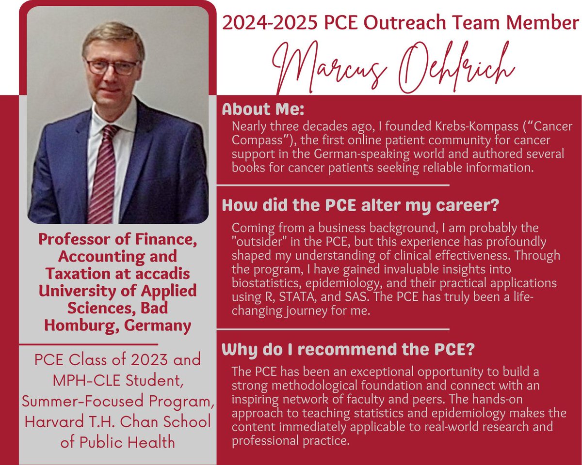 Meet Marcus Oehlrich, a member of the 2024-2025 PCE Outreach Team! He took the PCE in 2023 and is currently pursuing his MPH in Clinical Effectiveness. 
Interested in experiencing the same life changing program? Apply now to the 2025 PCE, deadline March 14th.