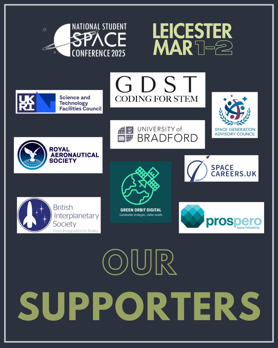 We are so thankful for all of our supporters ahead of NSSC 2025 tomorrow! 🌟

Have you planned which talks and sessions you’re attending yet? 🪐\
Check out the full programme here: [loom.ly/sfkW68E]

See you there! 🚀

#UKSEDS #NSSC2025 #SpaceBeyondSTEM