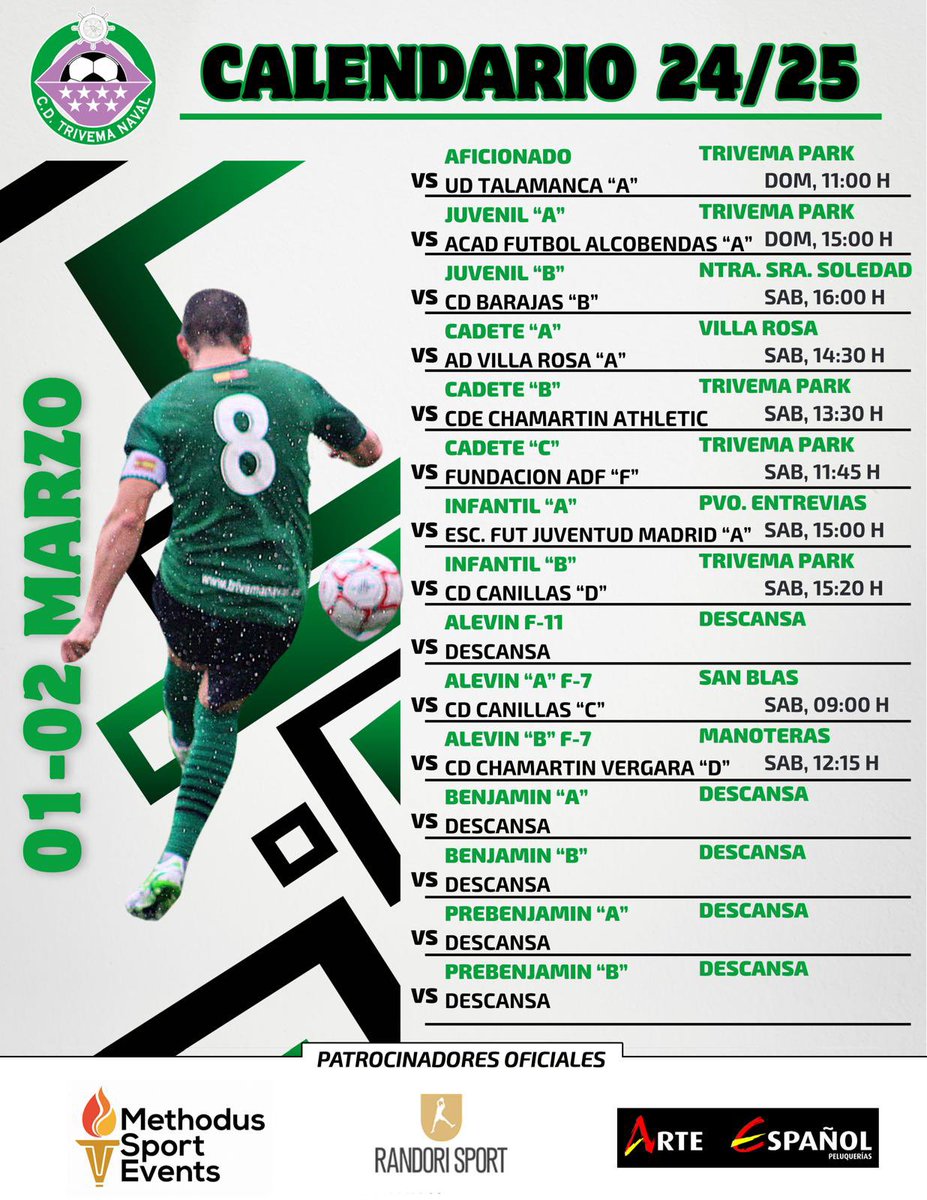 AGENDA |
🗒️ Con los peques descansando, los equipos de #CDTrivemaNaval 🍀 disfrutarán de una nueva jornada de liga #RFFM.

Estos son los horarios ⤵️